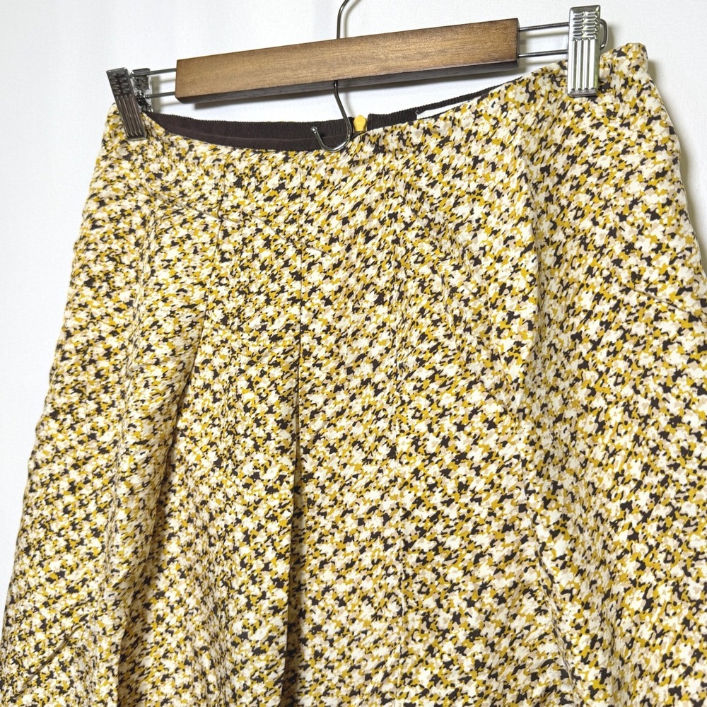 Banana Republic 100% Silk A-Line Skirt Yellow Brown Houndstooth Print 4 259434